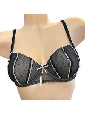 Vintage DKNY Black Sheer Mesh Underwire Bra With Ivory Accents Size 34B